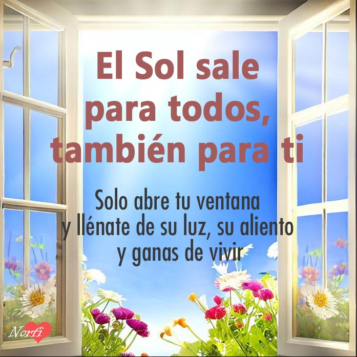 Ventana abierta con flores, rayos de sol y cielo azul