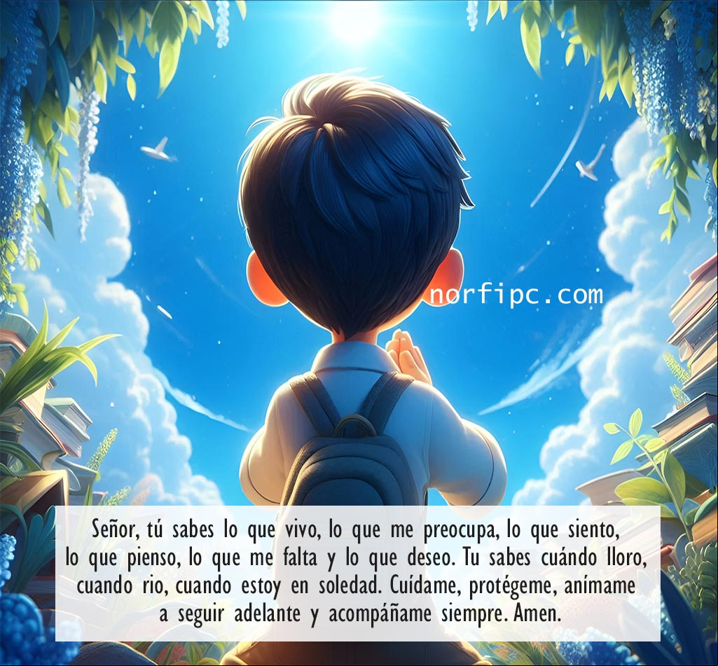 Señor, tu sabes lo que vivo, lo que me preocupa, lo que siento, lo que pienso, lo que me falta y lo que deseo. Tu sabes cuándo lloro, cuando rio, cuando estoy en soledad. Cuídame, protégeme, anímame a seguir adelante y acompáñame siempre Chico orandole a Dios