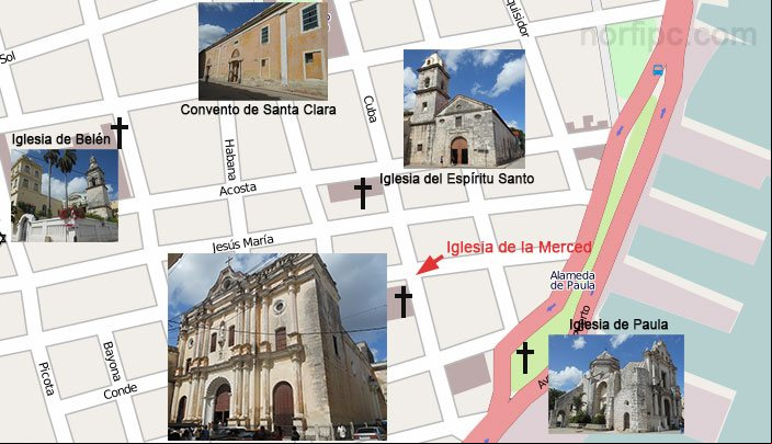 Mapa con la ubicación de la Iglesia de Nuestra Señora de la Merced en la Habana Vieja y lugares cercanos de interés Mapa con la ubicación de la Iglesia de Nuestra Señora de la Merced en la Habana Vieja y lugares cercanos de interés