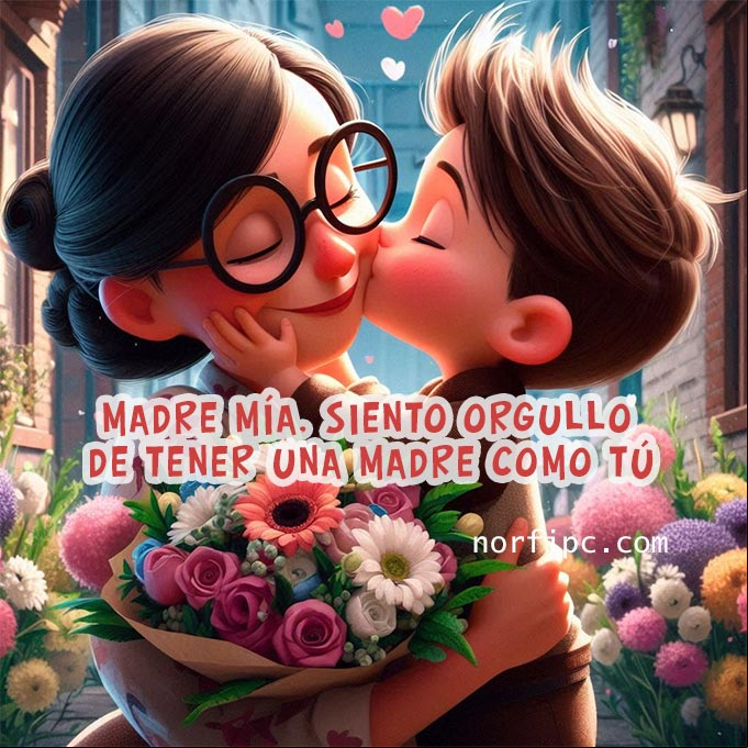 Madre, siento orgullo de tener una Madre como tú. #TeQuieroMadre Chico entregando flores y besando a su madre