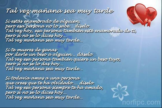 Poema de amor: Tal vez mañana sea muy tarde Poema de amor: Tal vez mañana sea muy tarde