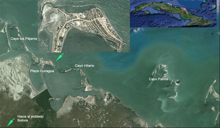 Mapa y ubicación de la playa Cunagua y de los cayos al norte Mapa y ubicación de la playa Cunagua y de los cayos al norte