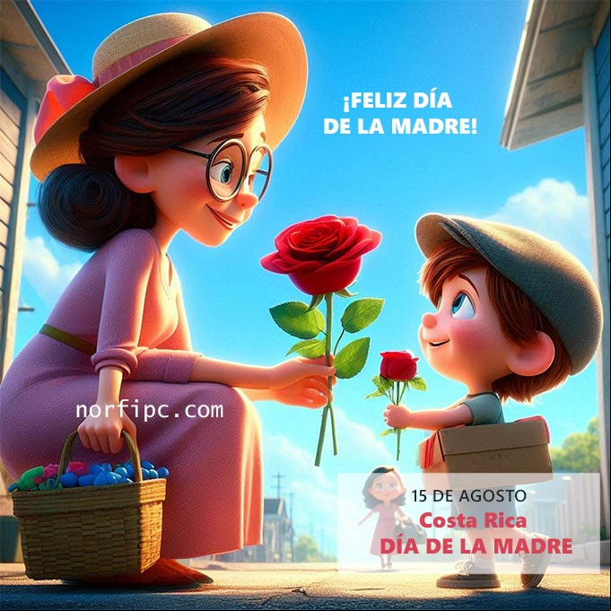 15 de Agosto Día de la Madre en Costa Rica Chico entregando una rosa roja a su madre