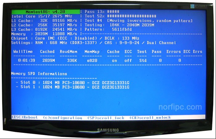 Herramienta Memtest probando la memoria RAM Herramienta Memtest probando la memoria RAM