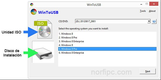 Escoger los archivos de instalación en WinToUSB