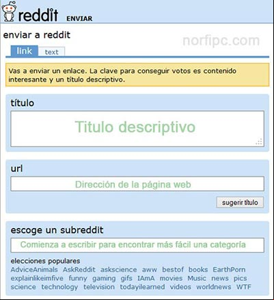Ventana para enviar y compartir enlaces en Reddit