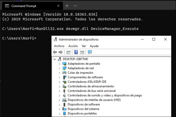 Abrir el  de dispositivos desde la Terminal de Windows con el comando RunDll32