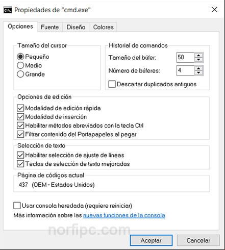 de Configuración del Símbolo del sistema o Consola de CMD de Windows 10 de Configuración del Símbolo del sistema o Consola de CMD de Windows 10