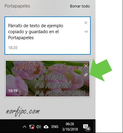 Texto copiado e imagen fijada en el Portapapeles