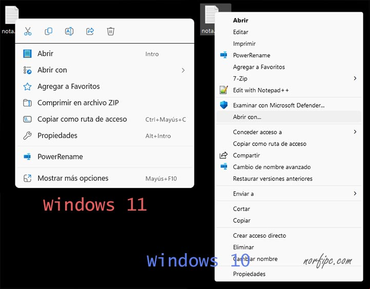 Comparación del menú contextual en Windows 11 y en Windows 10 Comparación del menú contextual en Windows 11 y en Windows 10