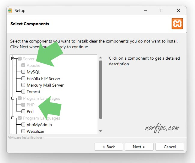 Seleccionar para instalar módulos Apache y PHP con XAMPP Seleccionar para instalar módulos Apache y PHP con XAMPP