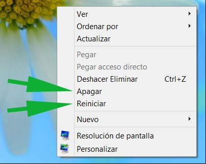 Agregar la opción de Apagar o Reiniciar en el menú contextual en Windows 8
